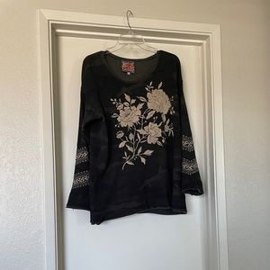 Johnny Was Black Long Sleeve Top with Cream Embroidery